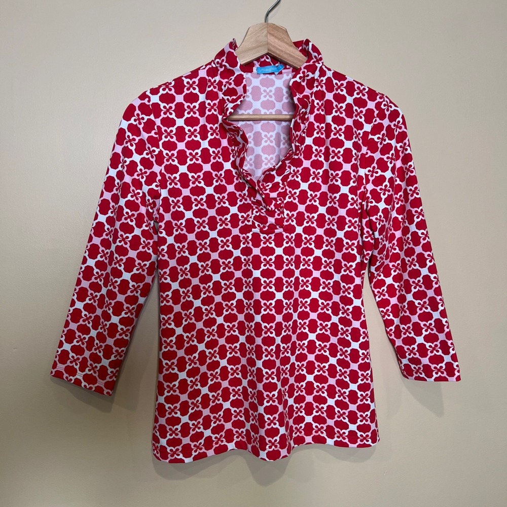 J.McLaughlin Catalina Cloth Top Womens S Red White Geometric Ruffle Neck Shirt